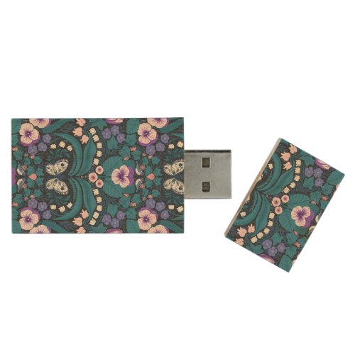 Pansies birds and butterflies wood flash drive