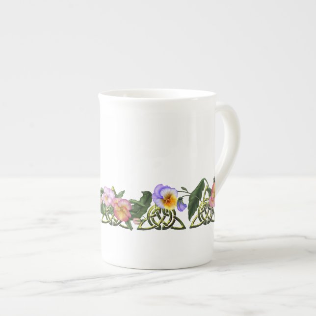 Pansies & Celtic Triskels Bone China Mug (Front Right)
