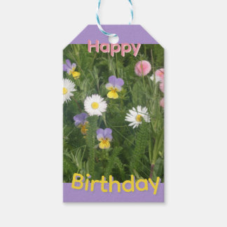 Pansies, Daisies & Pink Flowers Birthday Gift Tag