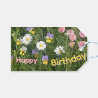 Pansies, Daisies & Pink Flowers Birthday Gift Tag