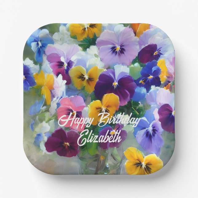 Pansies Happy Birthday Paper Plates (Front)