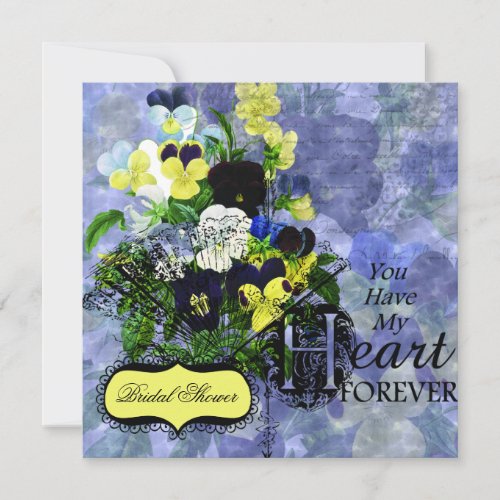 Pansies Heart Wedding Bridal Shower Invitation