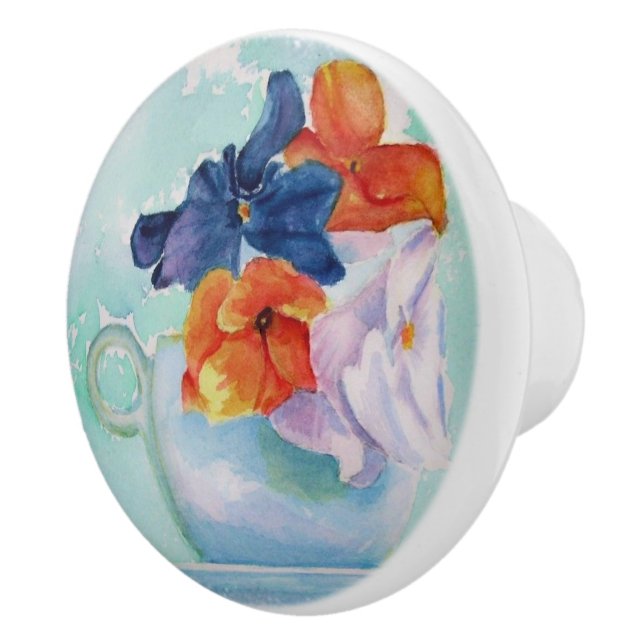 PANSIES IN A TEACUP CERAMIC KNOB (Right)
