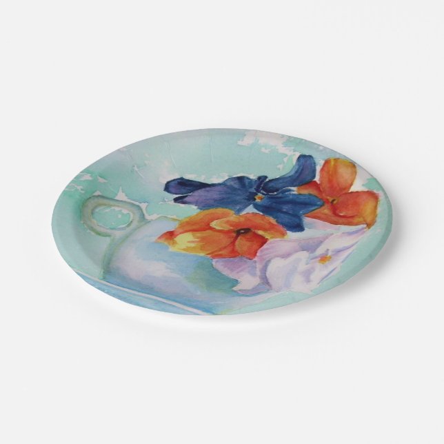 PANSIES IN A TEACUP PAPER PLATE (Angled)