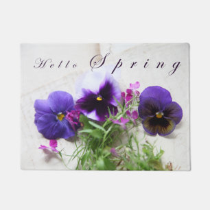 Pansies, lobelia on old handwriting Hello Spring Doormat