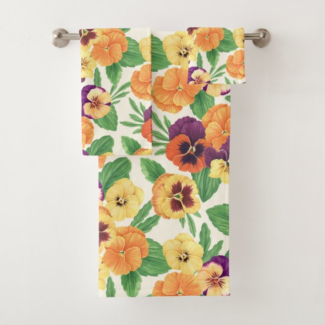 Pansies on off white bath towel set (Insitu)