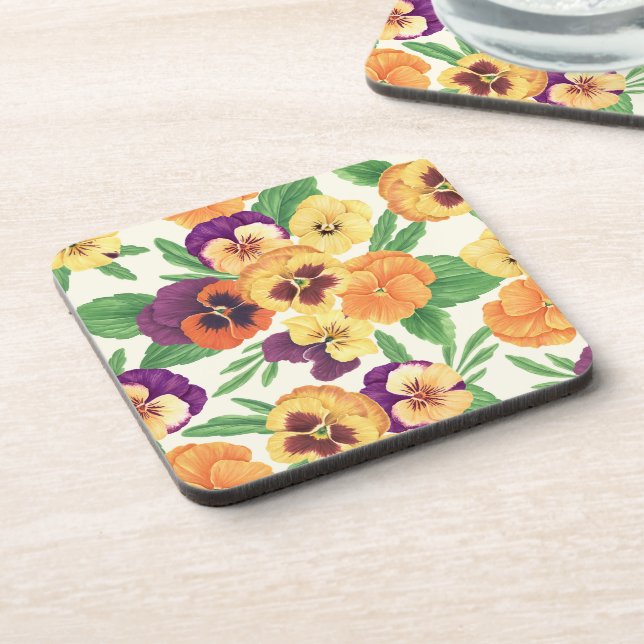 Pansies on off white beverage coaster (Left Side)
