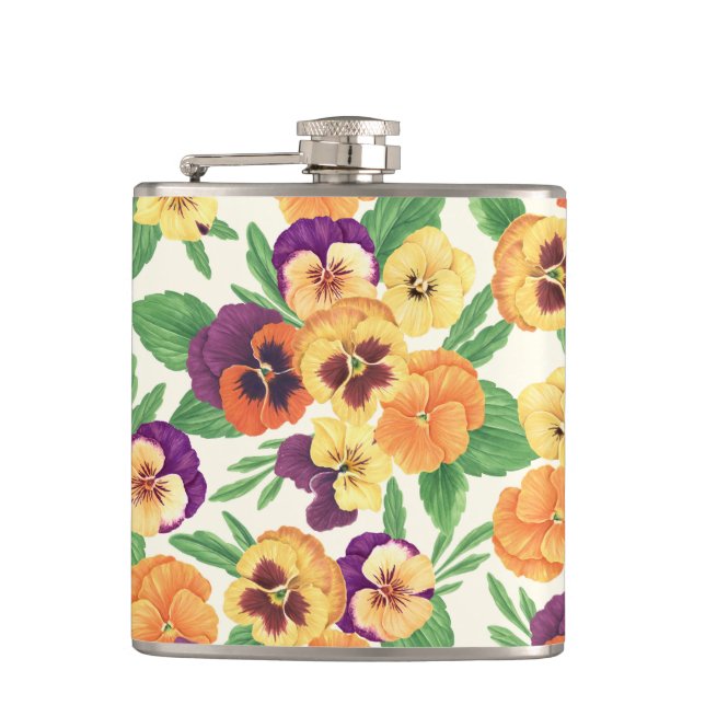 Pansies on off white flask (Front)