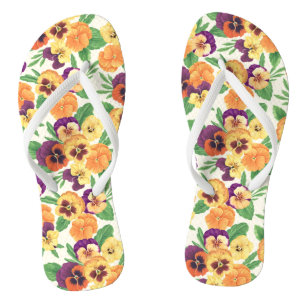 Pansies on off white flip flops