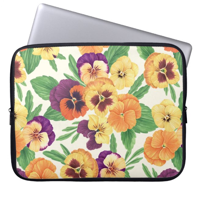 Pansies on off white laptop sleeve (Front)