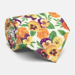 Pansies on off white neck tie