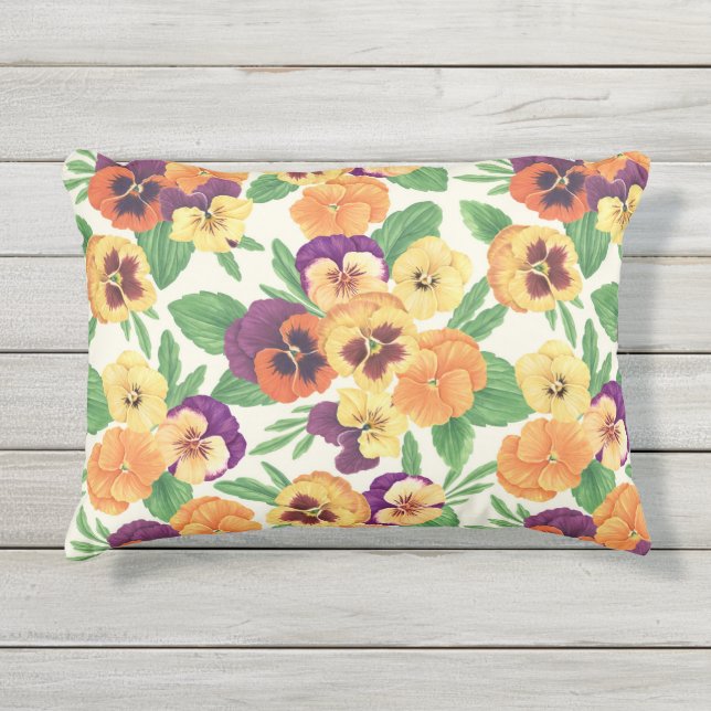 Pansies on off white outdoor pillow (Front)