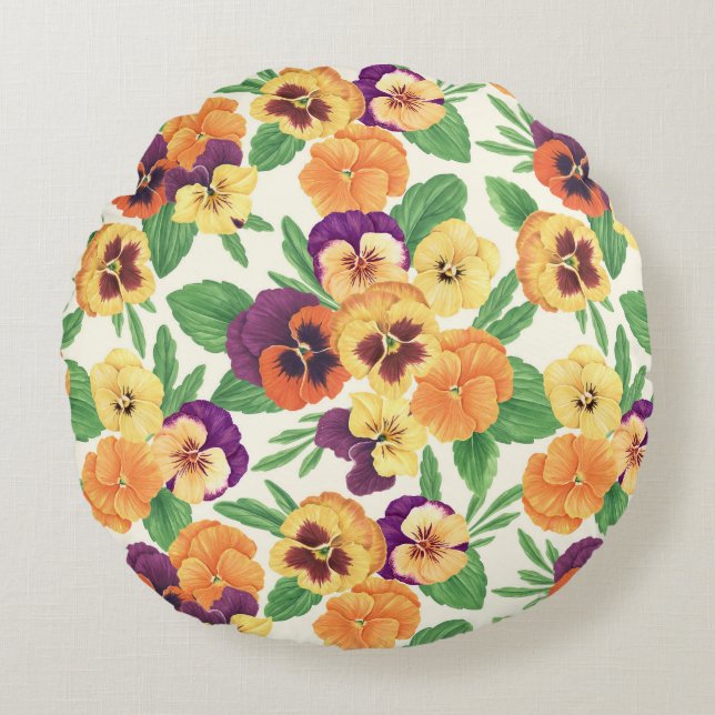 Pansies on off white round pillow (Front)