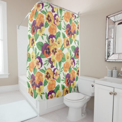 Pansies on off white shower curtain