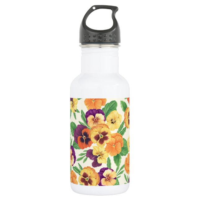 Pansies on off white stainless steel water bottle (Front)