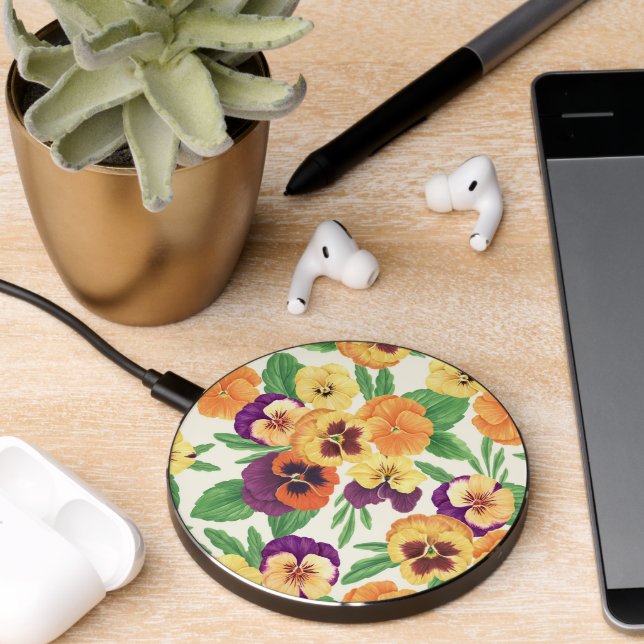 Pansies on off white wireless charger  (Desk 2)