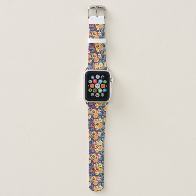 Pansies on plum violet apple watch band (Front)