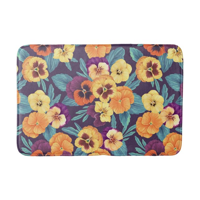 Pansies on plum violet bath mat (Front)