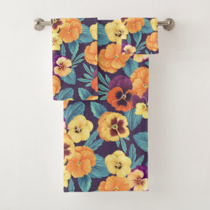 Pansies on plum violet bath towel set