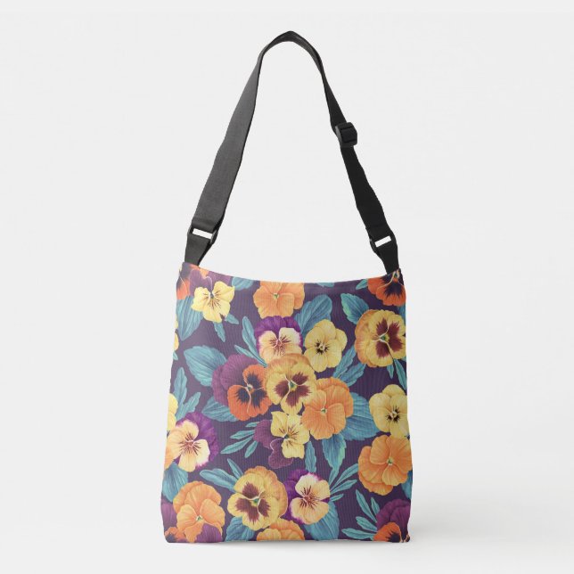 Pansies on plum violet crossbody bag (Front)