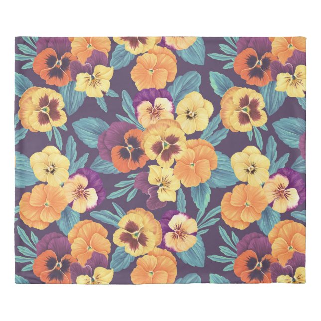 Pansies on plum violet duvet cover (Front)