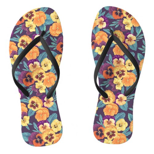 Pansies on plum violet flip flops