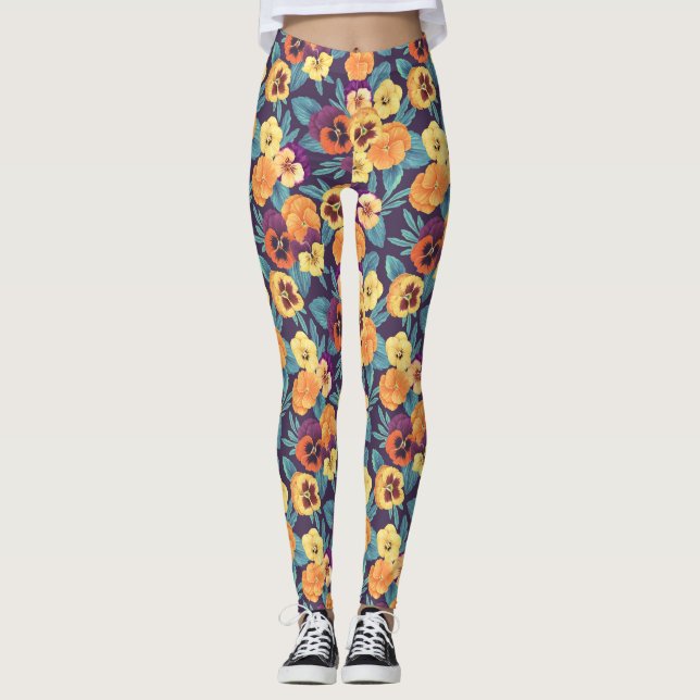 Pansies on plum violet leggings (Front)
