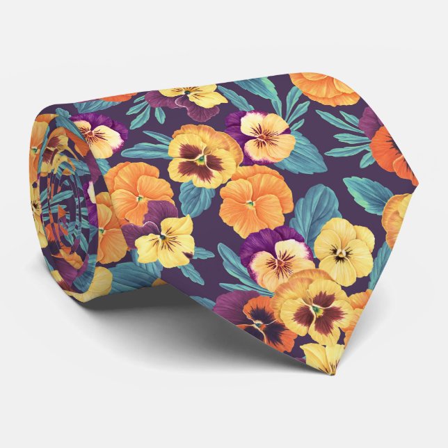 Pansies on plum violet neck tie (Rolled)
