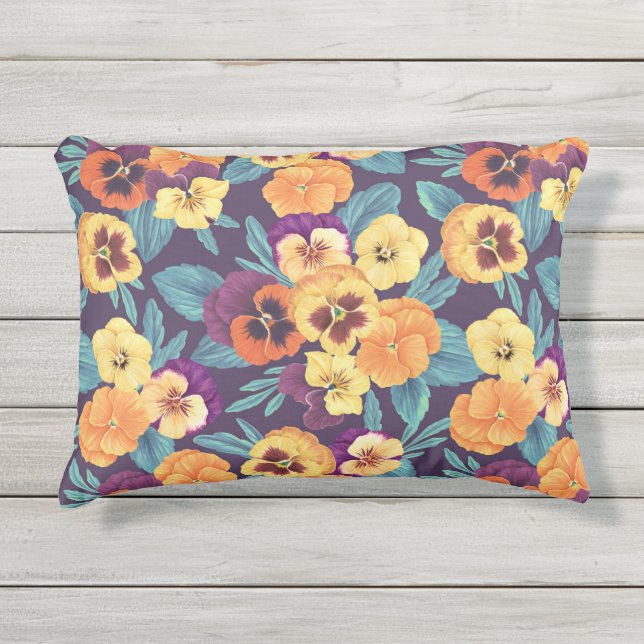Pansies on plum violet outdoor pillow (Front)
