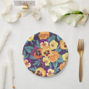 Pansies on plum violet paper plates