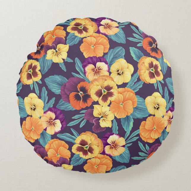 Pansies on plum violet round pillow (Front)
