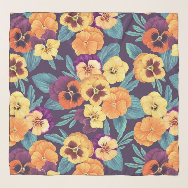 Pansies on plum violet scarf (Front)