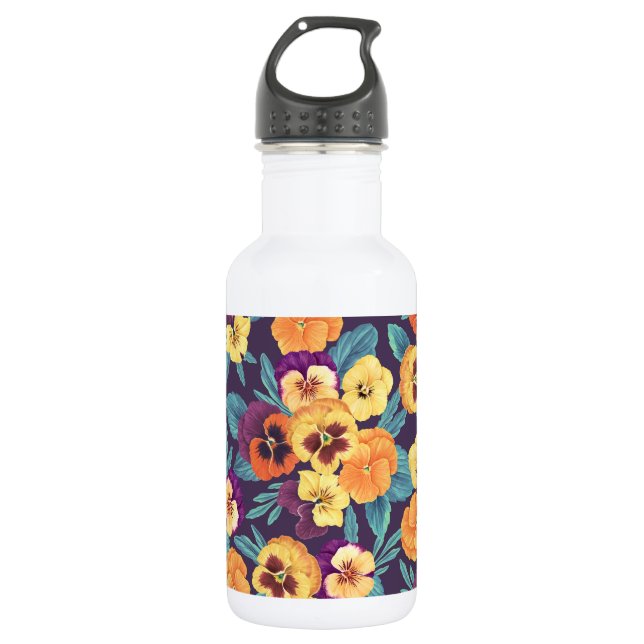 Pansies on plum violet stainless steel water bottle (Front)