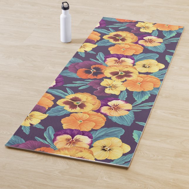 Pansies on plum violet yoga mat (In Situ)