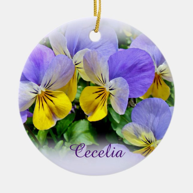 Pansies - Purple and Yellow Ceramic Ornament (Front)