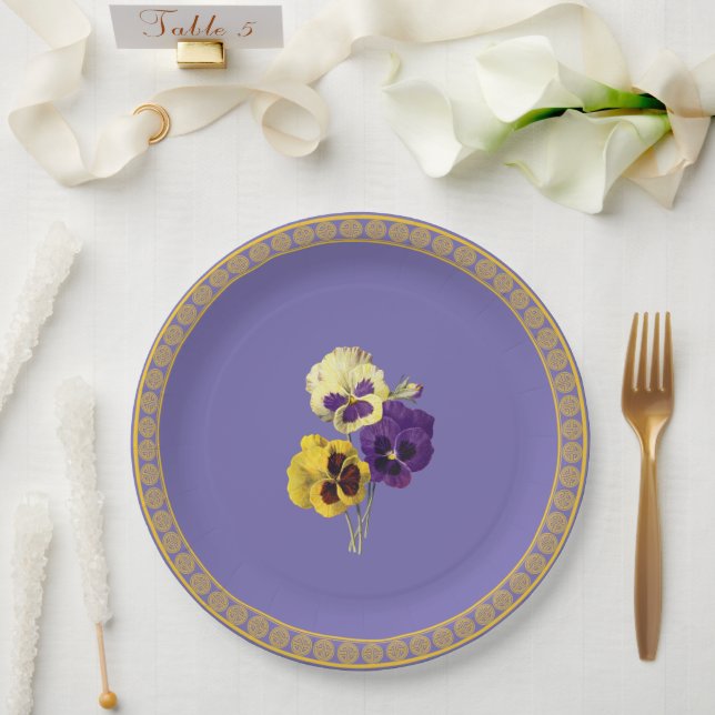 Pansies, purple and yellow paper plates (Wedding)