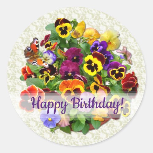 Pansy Beauty Happy Birthday Custom Text Classic Round Sticker