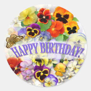 Pansy Beauty with buttterfly Birthday Greeting Classic Round Sticker