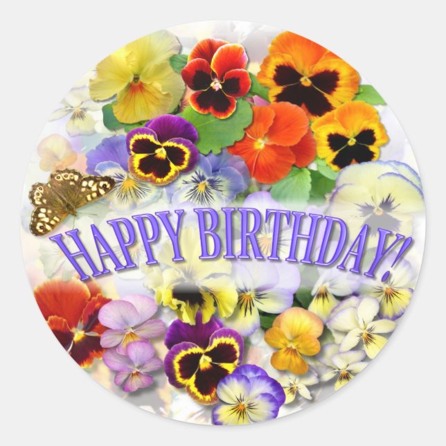 Pansy Beauty with buttterfly Birthday Greeting Classic Round Sticker (Front)