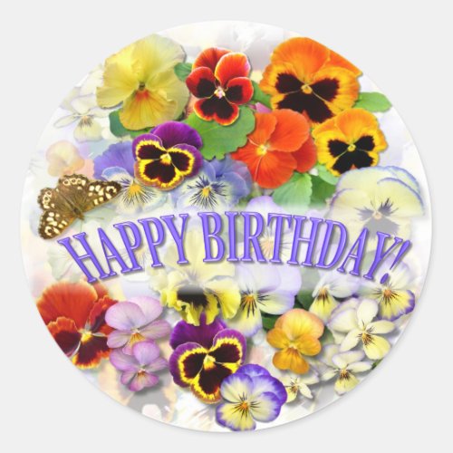 Pansy Beauty with buttterfly Birthday Greeting Classic Round Sticker
