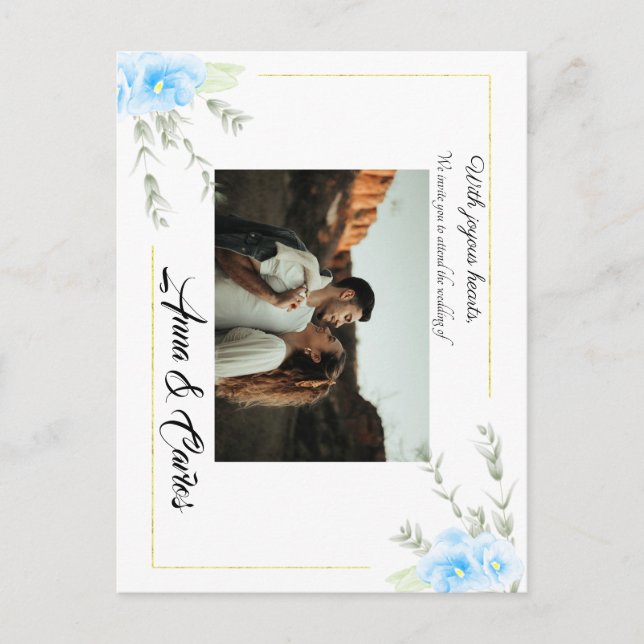 Pansy Blue Elegant flower wedding Announcement Postcard (Front)
