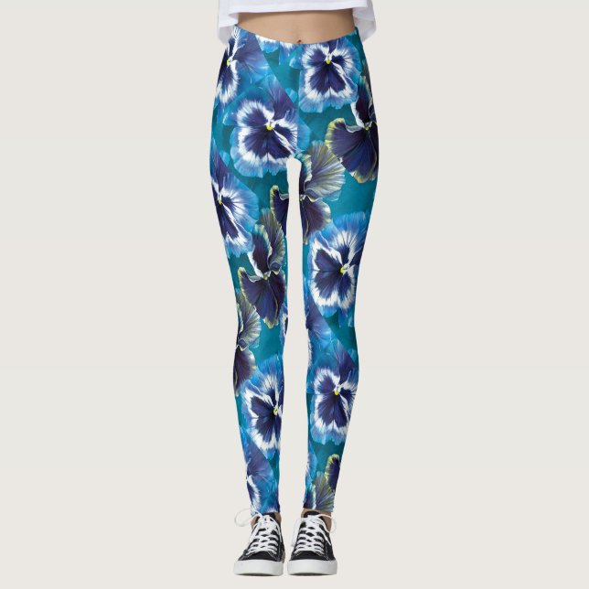 Pansy blue flower painted leggings (Front)