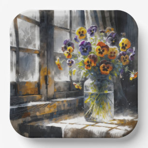 Pansy Bouquet In a Window Impressionism Paper Plates