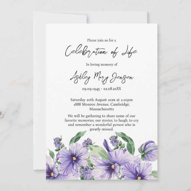 Pansy Celebration of Life Photo Funeral  Invitation (Back)