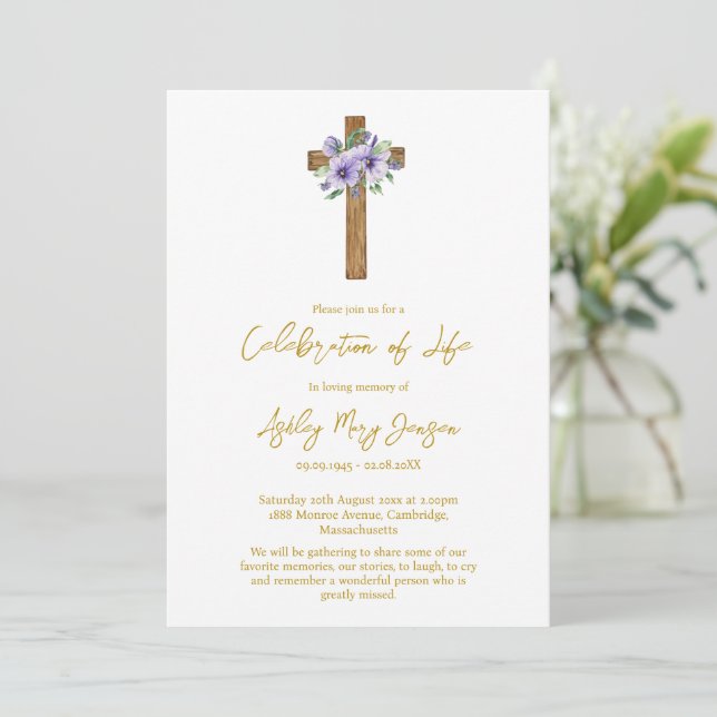 Pansy Cross Celebration of Life Funeral Invitation (Standing Front)