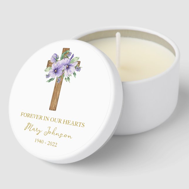 Pansy Cross Funeral Mini Candle Favors (Corner)