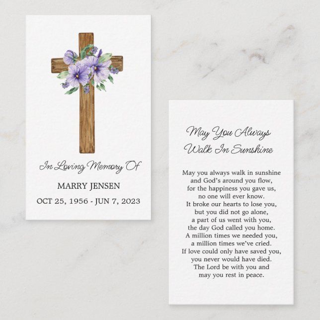 Pansy Cross Memorial Funeral Prayer Card (Front/Back)