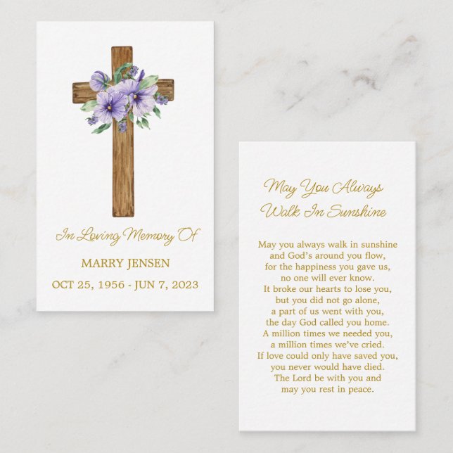 Pansy Cross Memorial Funeral Prayer Card (Front/Back)