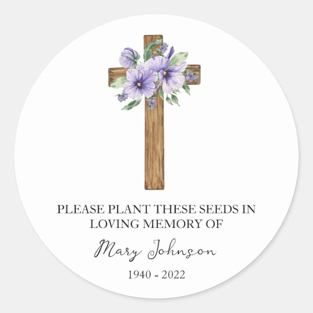 Pansy Cross Memorial Funeral Seed Packet Classic Round Sticker (Front)