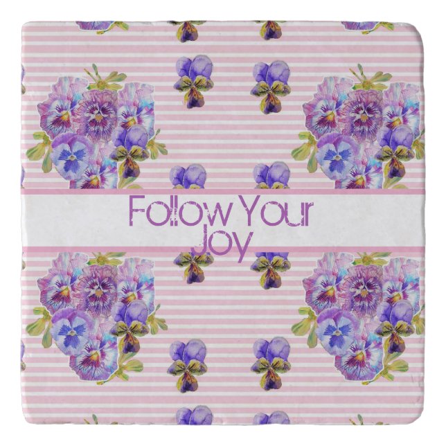 Pansy Floral Pattern Viola Shabby Follow Your Joy Trivet (Front)